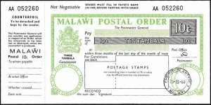 Malawi 1988 10 Tambala postal order.

Issued at Chichiri,Blantyre. Banknote