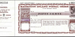 Mauritius 1976 50 Cents postal order.

Issued at Port Louis. Banknote
