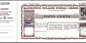 Mauritius 1983 50 Cents postal order.

Issued at Port Louis. Banknote