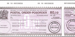 South Africa 1981 10 Cents postal order.

Issued at Bisho.

Very historically interesting postal order.

Last Day of Issue - due to Ciskei becoming independent the next day. Banknote