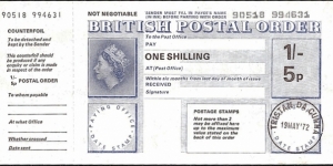 Tristan da Cunha 1972 1 Shilling / 5 Pence postal order.

Very difficult country to get in postal orders! Banknote