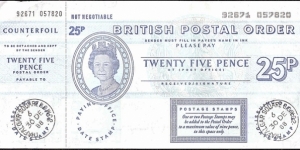 England 1988 25 Pence postal order.

Issued at Trafalgar Square Branch Office,W.C.2. (London). Banknote