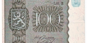 100 markkaa Litt.B Serie AE Notes size 120 X 102 mm (inc 4,724 X 4,016) This note is made of 1953 Banknote