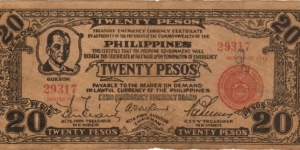 PI-224b Cebu Philippines 20 Peso note with 3 signatures on reverse. Banknote