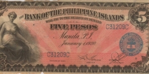 PI-13 Bank of the Philippine Islands 5 Peso note.  (bug eaten) Banknote