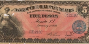 PI-13 Bank of the Philippine Islands 5 Peso note.  (bug eaten) Banknote