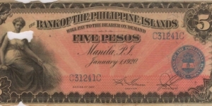 PI-13 Bank of the Philippines 5 Peso note in series, 1 of 2.  (bug eaten) Banknote