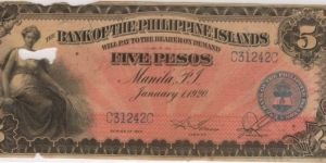 PI-13 Bank of the Philippine Islands 5 Peso note in series, 2 - 2.  (bug eaten). Banknote