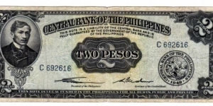 English Issue 2 Peso Rizal Sig1, Cxxxxxx Serial# Rare Banknote