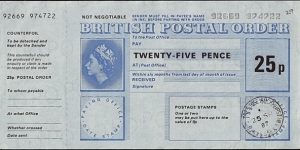 England 1987 25 Pence postal order.

Issued at Cherry-Tree Rise,Buckhurst Hill (Essex).

This post office is still open. Banknote