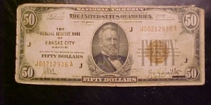 1929 $50 Federal Reserve Banknote issued by the Federal Reserve Bank of Kansas City Banknote