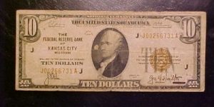 1929 $10 Federal Reserve Banknote issued by the Federal Reserve Bank of Kansas City Banknote