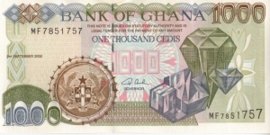 Ghana 1000 Cedis Note Diamonds on front and cocoa harvestors on back Banknote