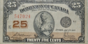 Dominion of Canada Twenty Five Cent Shinplaster Banknote
