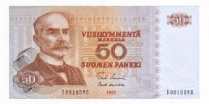 50 markkaa serie I Banknote size 142 X 69mm (inch 5,591 X 2,72) Made of 240.000 pieces. This note is made of 1981 Banknote