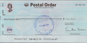 Fiji 2012 50 Pence postal order.

Issued at Government Buildings Post Office (Suva). Banknote