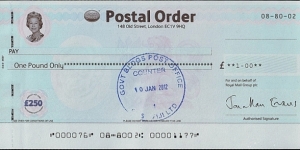 Fiji 2012 1 Pound postal order.

Issued at Government Buildings Post Office (Suva). Banknote