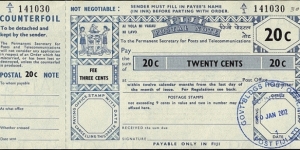 Fiji 2012 20 Cents postal note.

Issued at Government Buildings Post Office (Suva). Banknote