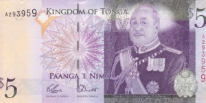 Tonga P39 (5 pa'anga ND 2008) Banknote