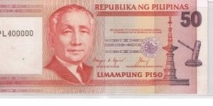 50 Pesos under Corazon Aquino administration, Error on the loction of serial number (paper shifted downward during printing) Banknote