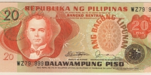 20 Pesos Ang Bagong Lipunan Series, under Marcos Administration , Error - Middle Serial Light Print on upper right and Missing Middle Print on Bottom Left Banknote