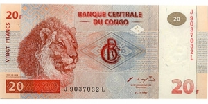 20 Francs 
1.11.1997 (1998). Brown-orange and red-orange on multicolor underprint. Male lion's head at left. Bank monogram at center. Back: Lioness lying with two cubs at center right. Watermark:Single Okapi head or multiple heads repeated vertically. Printer:NBBPW.
 Banknote