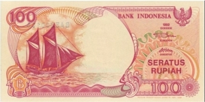 100 Rupiah 
1992-2000. Pale red on orange and multicolor underprint. Sailboat Pinisi at left. Arms at upper right area. Back: Volcano Anak Krakatau at right. Watermark: Ki Hajar Dewantara. Printer: Perum Percetakan Uang. UV: fibers fluoresce yellow and red.
 Banknote