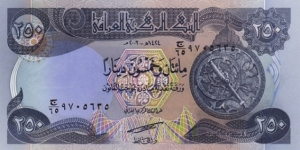 250 Dinars  
2003/AH1424. Light and dark blue on multicolor underprint. Astrolobe. Signature 26. Back: Spiral Minaret in Samarra. Printer: TDLR.
 Banknote