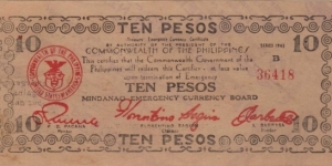 S-488b Mindanao emergency Currency Board 10 Pesos note with stray overprint from another note on front and back. Banknote