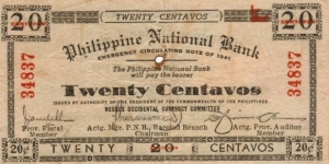 S-622b Philippine National Bank Negros Occidential 20 Centavos note. Banknote