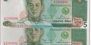 PHILIPPINES CORY AQUINO ADMINITRATION, ERROR BANKNOTE, PART OF A SET, BUT ENDING IS AZ000000 INSTEAD OF AZ1000000 Banknote