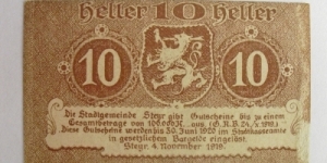 Austrian notgeld. Year: 1920. Value: 10 heller.  Banknote