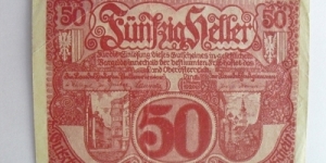 Austrian notgeld. Year: 1920. Value: 50 heller.  Banknote