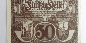 Austrian notgeld. Year: 1920. Value: 50 heller.  Banknote