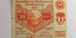 Austrian notgeld. Year: 1920. Value: 10 heller.  Banknote