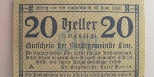 Austrian notgeld. Year: 1920. Value: 20 heller.  Banknote