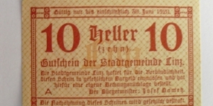 Austrian notgeld. Year: 1920. Value: 10 heller.  Banknote