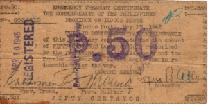 S-285 RARE Province of Ilocos Norte Philippines 50 Centavos note. Banknote