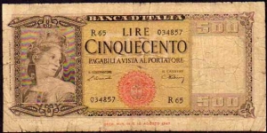 500 Lire__pk# 80 a__D.M 20.03.1947 & 15.03.1947__sign. Einaudi/Urbini Banknote
