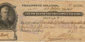 Treasurer of the Philippine Islands General Lawton Check. Banknote