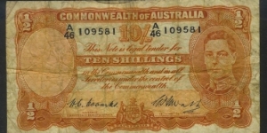 1949 10 Shilling Note. Has Coombs & Watt signatures. Banknote