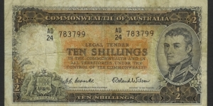 1954 10 Shilling Note with Coombs & Wilson signatures.  Banknote