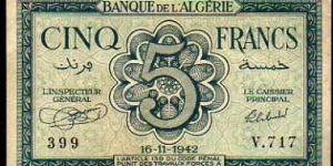 5 Francs__pk# 91__16.11.1942__serial 399-V.717 Banknote