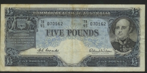 1960 Five Pound Note with Sir John Franklin depicted. Has Coombs & Wilson signatures. Legend changed to 