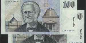 1984 One Hundred Dollar note ZAA First Prefix pair. Johnston & Stone signatures. Scarce pair in perfect UNC.  Banknote