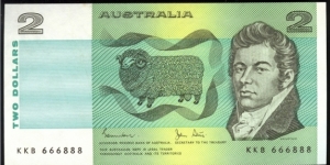 1983 $2 note. Semi Solid serials 666888 Banknote