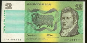 1985 $2 note. Semi Solid serials 666111 Banknote