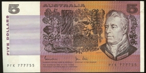 1985 $5 note. Semi Solid serials 777755 Banknote
