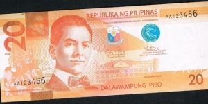 Philippine New Design 20 Pesos with Special Serial aa123456 Banknote