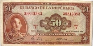 COLOMBIA BANKNOTE                        

 50 PESOS ORO 

YEAR: 1967

PICK : P 402b

CONDITION-CIR

DATE: 12 de octubre de 1967

  CAT 226   Banknote